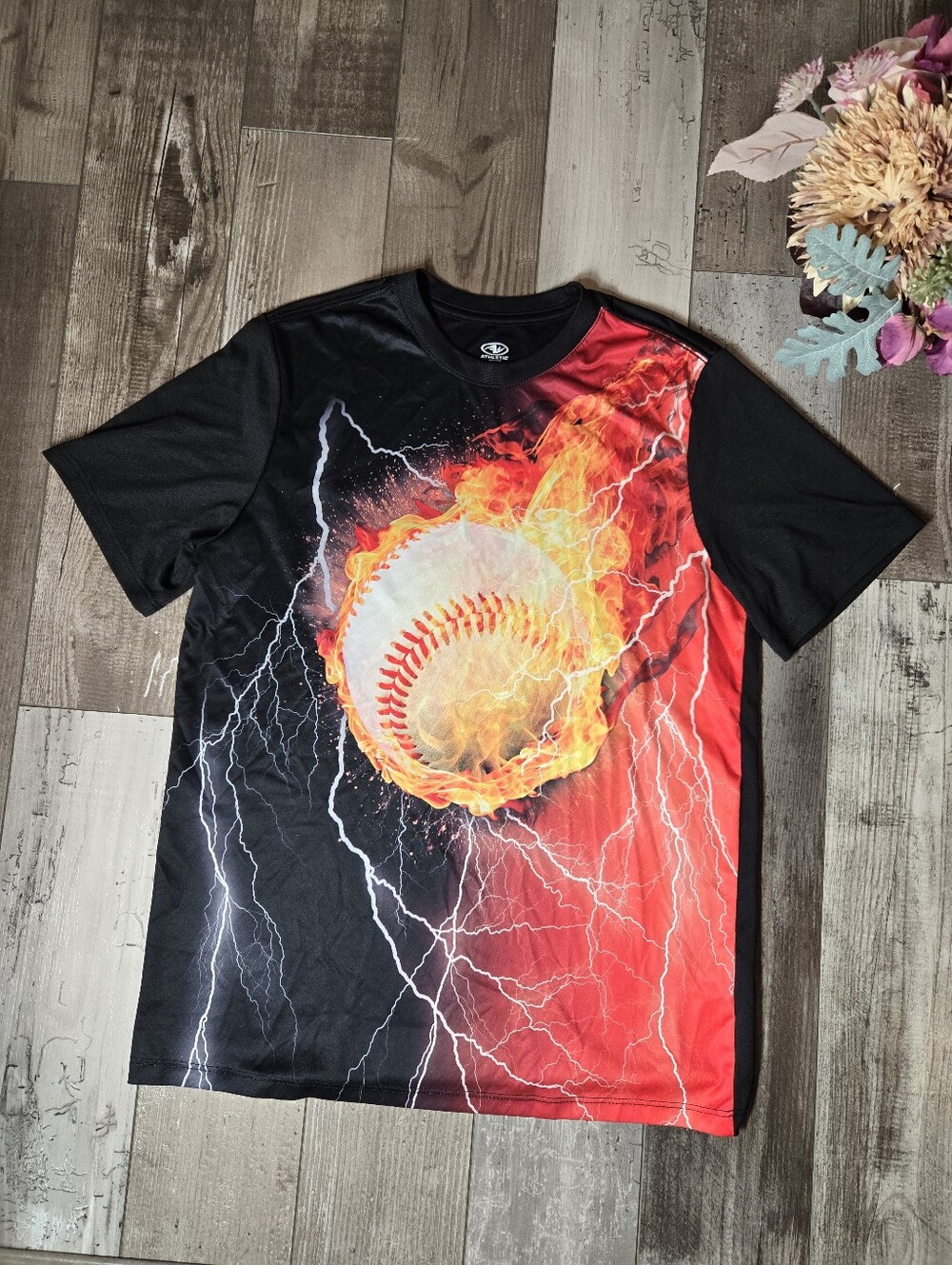 Athletic Works Boys Black & Red Flaming Baseball Tee – Size XL 14/16